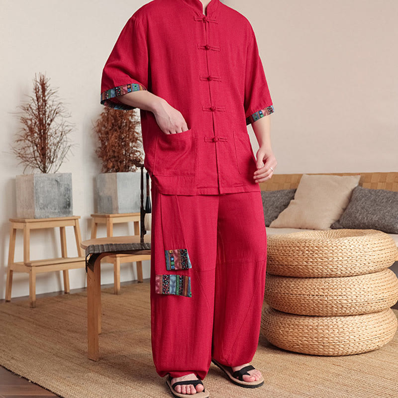 Ensemble 2 pièces en patchwork de Buddha Stones , chemise chinoise à boutons et pantalon large, tissu de méditation pour homme avec poches - image 22