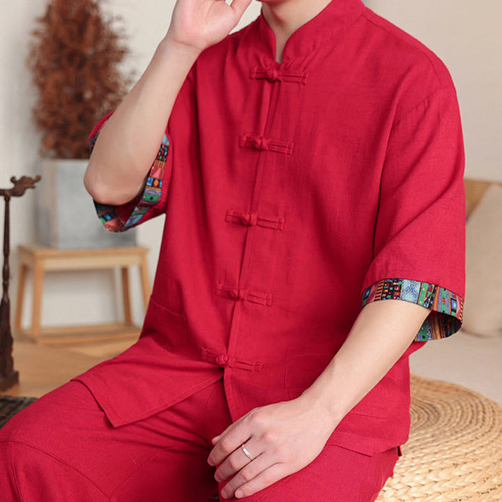 Ensemble 2 pièces en patchwork de Buddha Stones , chemise chinoise à boutons et pantalon large, tissu de méditation pour homme avec poches - image 27