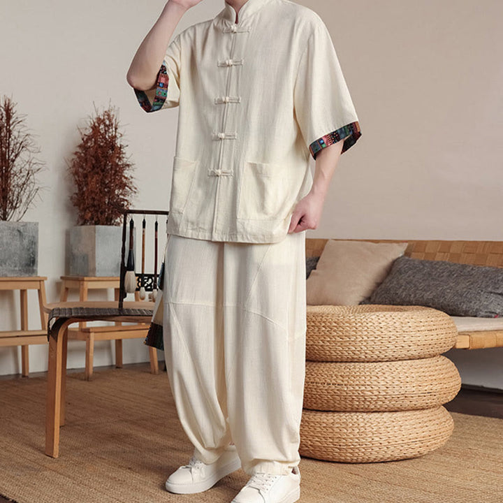 Ensemble 2 pièces en patchwork de Buddha Stones , chemise chinoise à boutons et pantalon large, tissu de méditation pour homme avec poches - image 5