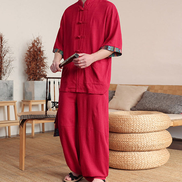 Ensemble 2 pièces en patchwork de Buddha Stones , chemise chinoise à boutons et pantalon large, tissu de méditation pour homme avec poches - image 23