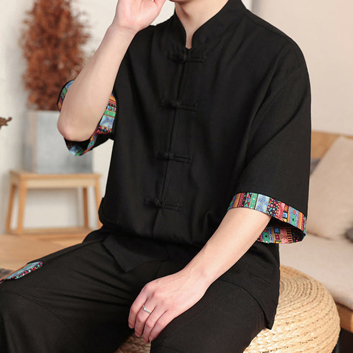 Ensemble 2 pièces en patchwork de Buddha Stones , chemise chinoise à boutons et pantalon large, tissu de méditation pour homme avec poches - image 16