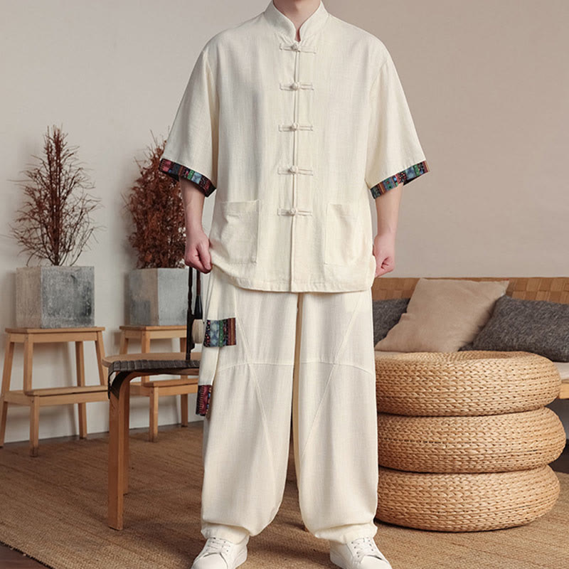 Ensemble 2 pièces en patchwork de Buddha Stones , chemise chinoise à boutons et pantalon large, tissu de méditation pour homme avec poches - image 6