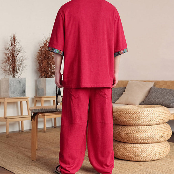 Ensemble 2 pièces en patchwork de Buddha Stones , chemise chinoise à boutons et pantalon large, tissu de méditation pour homme avec poches - image 21