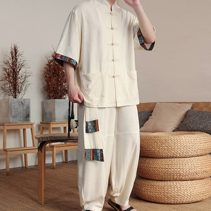Ensemble 2 pièces en patchwork de Buddha Stones , chemise chinoise à boutons et pantalon large, tissu de méditation pour homme avec poches - image 2