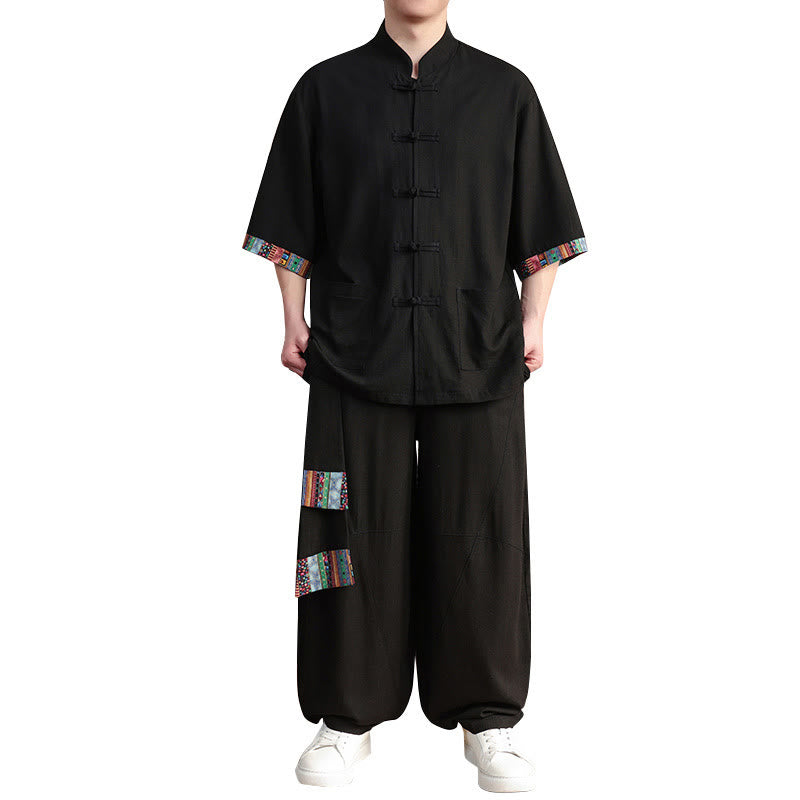 Ensemble 2 pièces en patchwork de Buddha Stones , chemise chinoise à boutons et pantalon large, tissu de méditation pour homme avec poches - image 18