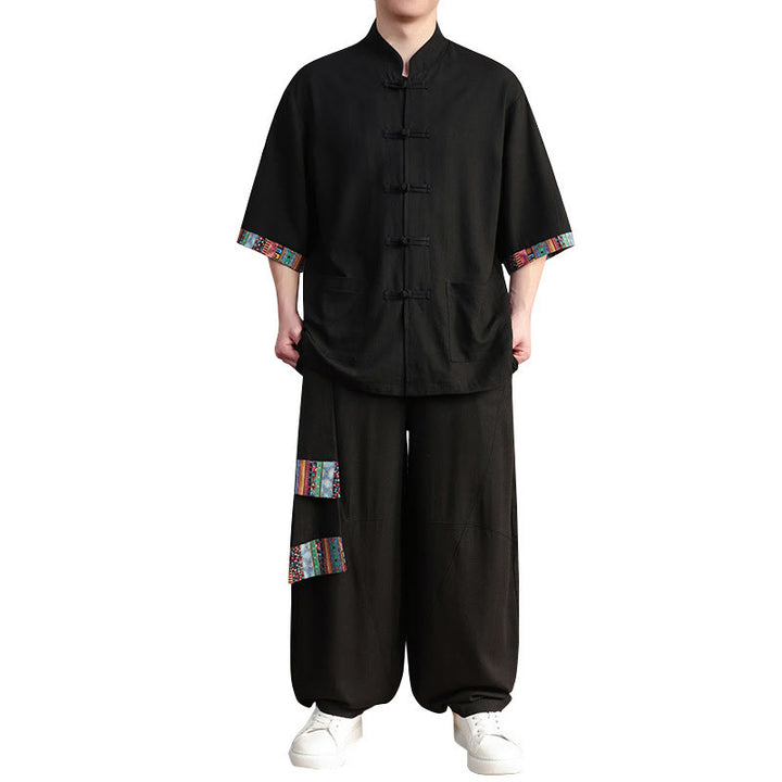 Ensemble 2 pièces en patchwork de Buddha Stones , chemise chinoise à boutons et pantalon large, tissu de méditation pour homme avec poches - image 18