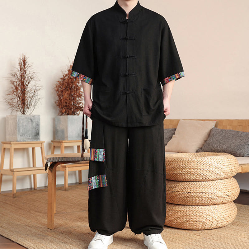 Ensemble 2 pièces en patchwork de Buddha Stones , chemise chinoise à boutons et pantalon large, tissu de méditation pour homme avec poches - image 14