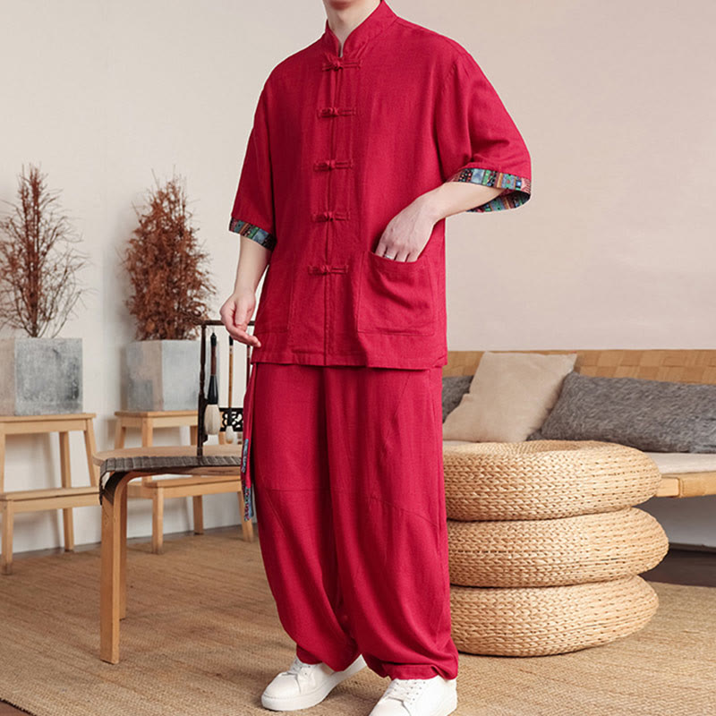 Ensemble 2 pièces en patchwork de Buddha Stones , chemise chinoise à boutons et pantalon large, tissu de méditation pour homme avec poches - image 20