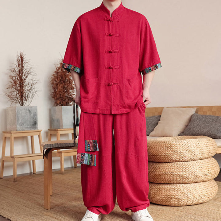 Ensemble 2 pièces en patchwork de Buddha Stones , chemise chinoise à boutons et pantalon large, tissu de méditation pour homme avec poches - image 24