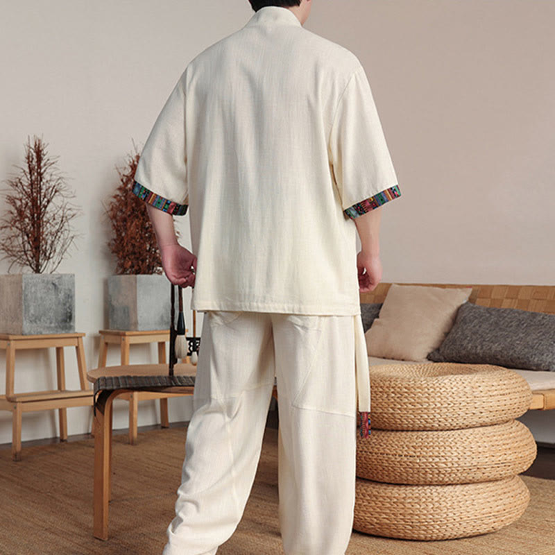 Ensemble 2 pièces en patchwork de Buddha Stones , chemise chinoise à boutons et pantalon large, tissu de méditation pour homme avec poches - image 3