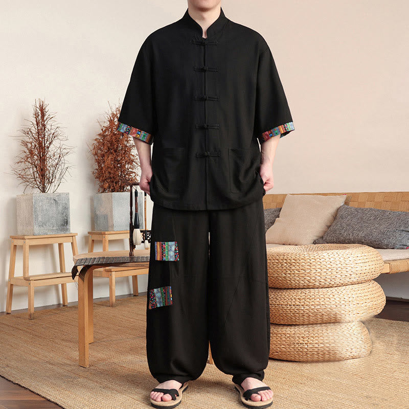 Ensemble 2 pièces en patchwork de Buddha Stones , chemise chinoise à boutons et pantalon large, tissu de méditation pour homme avec poches - Noir - US/UK/AU46，EU56 (5XL) - image 9