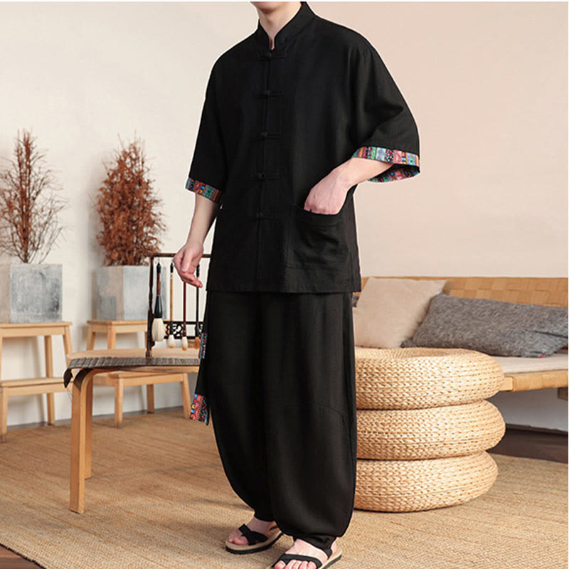 Ensemble 2 pièces en patchwork de Buddha Stones , chemise chinoise à boutons et pantalon large, tissu de méditation pour homme avec poches - image 10