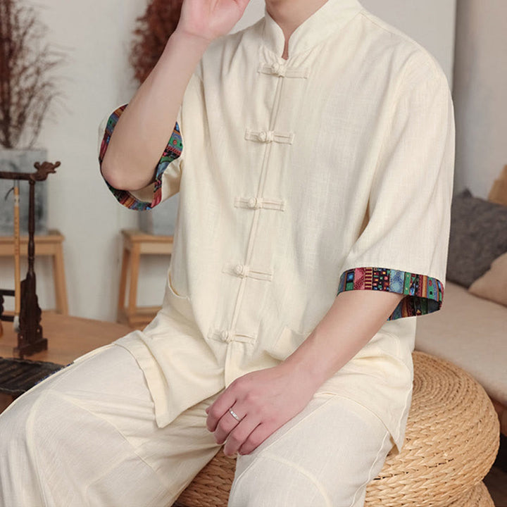 Ensemble 2 pièces en patchwork de Buddha Stones , chemise chinoise à boutons et pantalon large, tissu de méditation pour homme avec poches - image 8