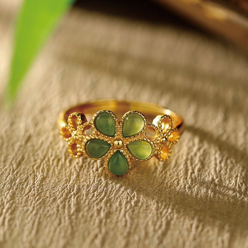 Bague de prospérité réglable en argent sterling 925 plaqué or avec jade Hetian naturel et Buddha Stones - Hétian Jade - image 0