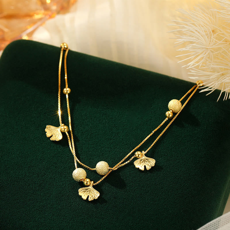 Buddha Stones double couche en argent sterling 925 avec protection en forme de feuille de ginkgo - Bracelet de cheville doré (circonférence 25 cm) - image 9