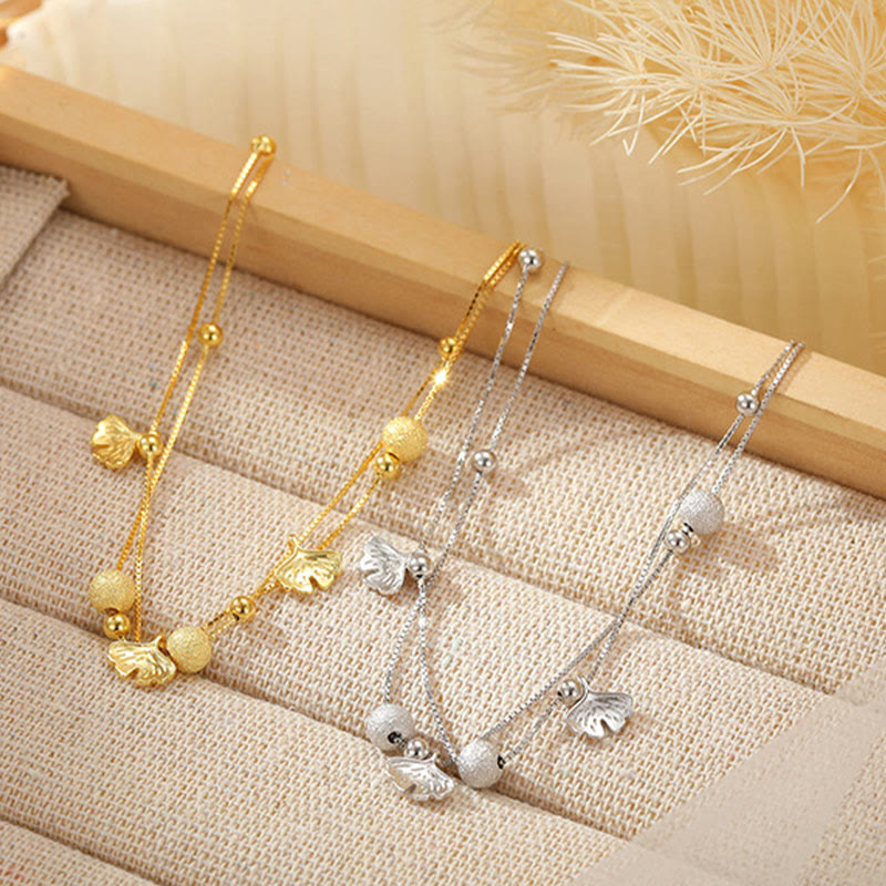 Buddha Stones double couche en argent sterling 925 avec protection en forme de feuille de ginkgo