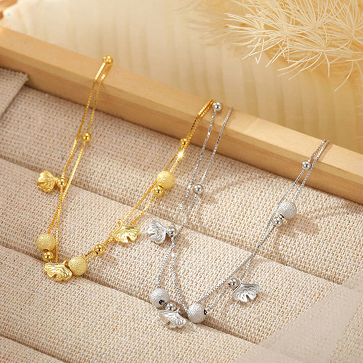 Buddha Stones double couche en argent sterling 925 avec protection en forme de feuille de ginkgo