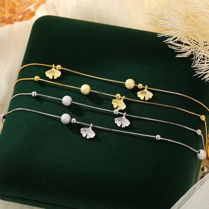 Buddha Stones double couche en argent sterling 925 avec protection en forme de feuille de ginkgo
