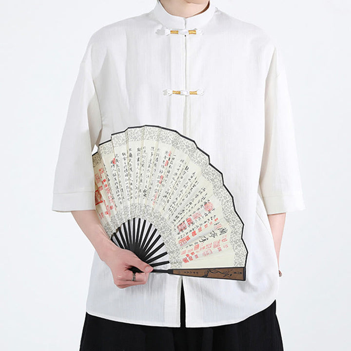 Chemise homme en lin à manches mi-longues et boutons grenouille couleur pure Buddha Stones - image 3