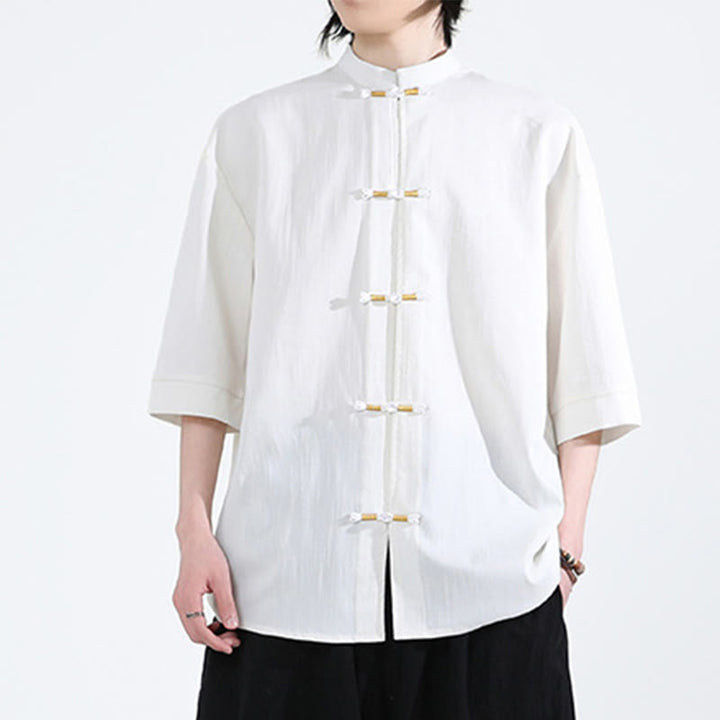 Chemise homme en lin à manches mi-longues et boutons grenouille couleur pure Buddha Stones - image 5