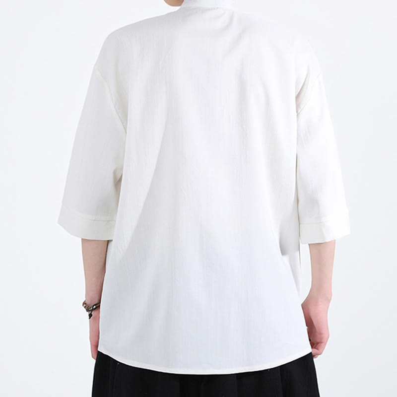 Chemise homme en lin à manches mi-longues et boutons grenouille couleur pure Buddha Stones - image 2