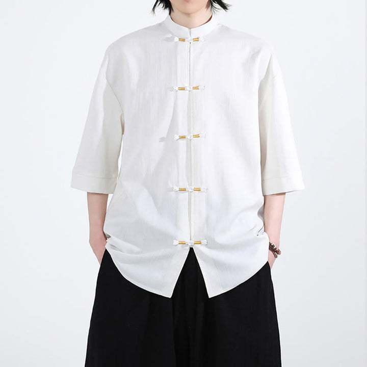 Chemise homme en lin à manches mi-longues et boutons grenouille couleur pure Buddha Stones - Blanc - US/UK/AU46，EU56 (5XL) - image 0