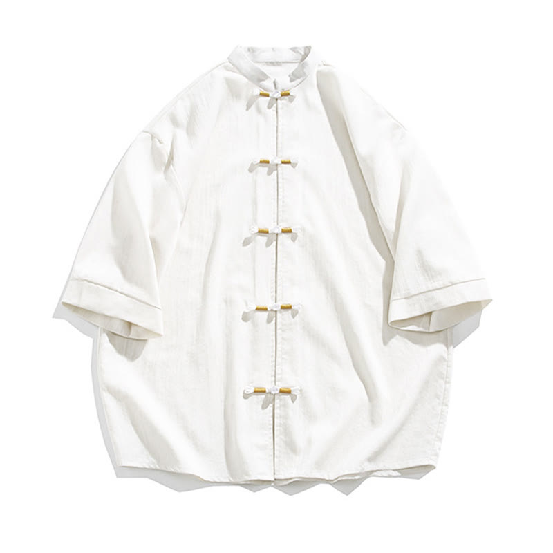 Chemise homme en lin à manches mi-longues et boutons grenouille couleur pure Buddha Stones - image 7