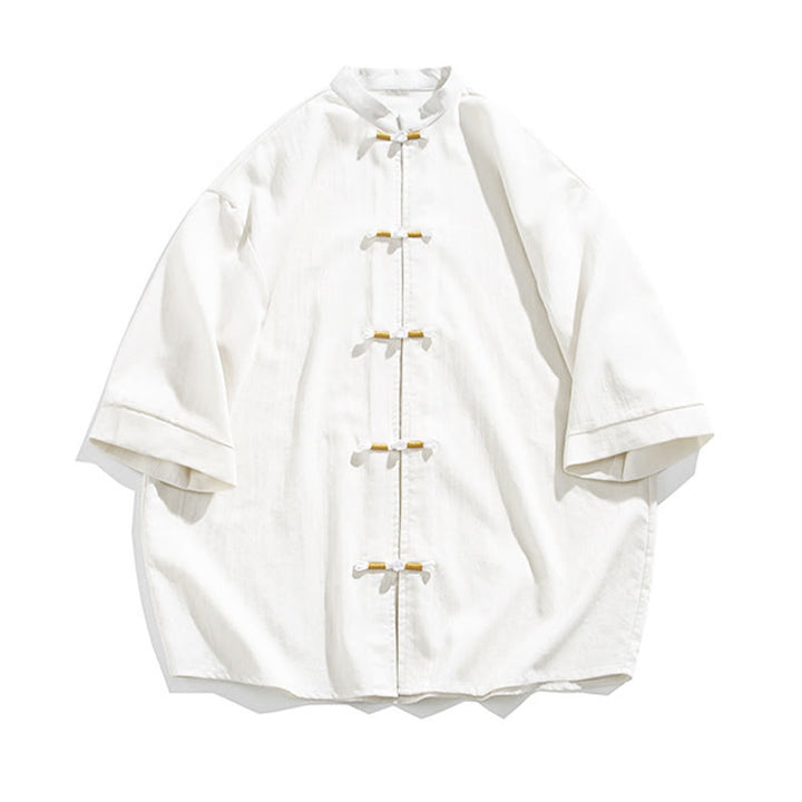 Chemise homme en lin à manches mi-longues et boutons grenouille couleur pure Buddha Stones - image 7