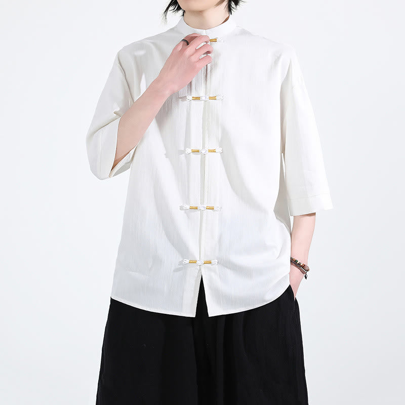 Chemise homme en lin à manches mi-longues et boutons grenouille couleur pure Buddha Stones - image 6