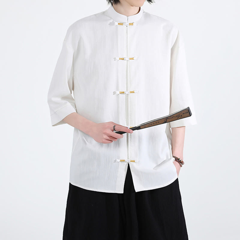 Chemise homme en lin à manches mi-longues et boutons grenouille couleur pure Buddha Stones - image 4