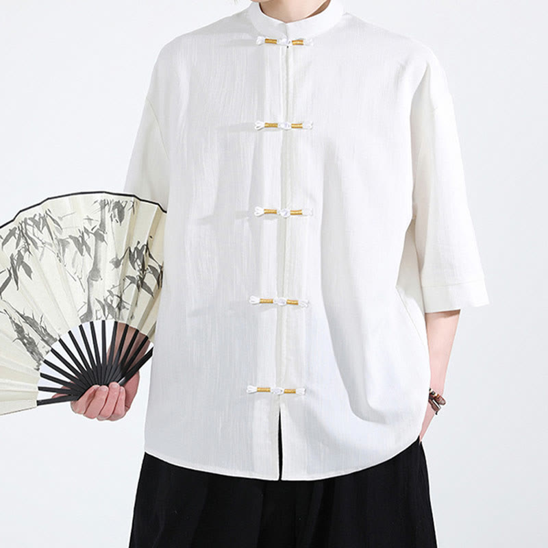 Chemise homme en lin à manches mi-longues et boutons grenouille couleur pure Buddha Stones - image 1