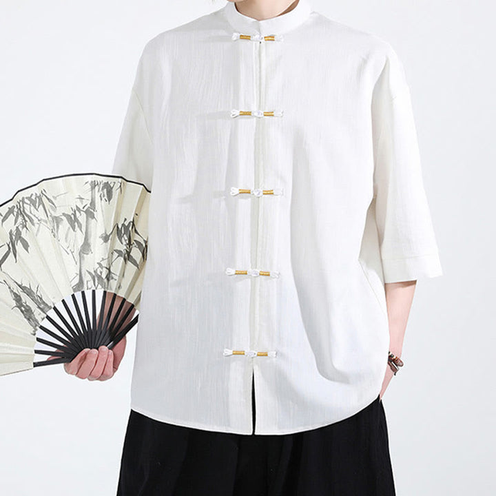 Chemise homme en lin à manches mi-longues et boutons grenouille couleur pure Buddha Stones - image 1