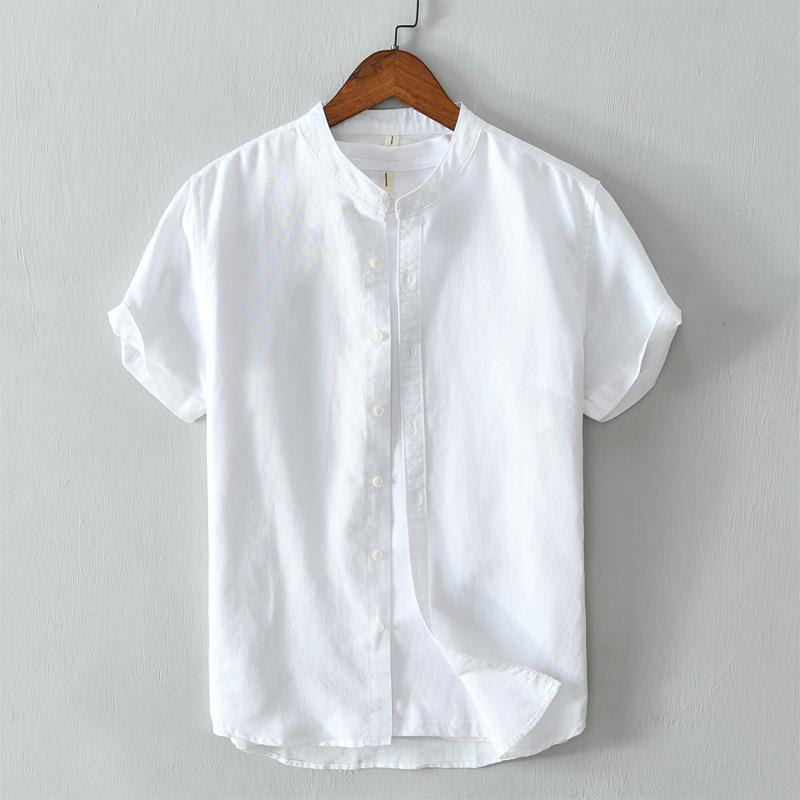 Chemise homme en coton et lin à manches courtes et boutons style simple Buddha Stones - Blanc - US/UK/AU44，EU54 (4XL) - image 7