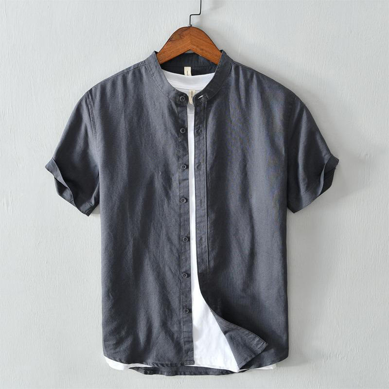 Chemise homme en coton et lin à manches courtes et boutons style simple Buddha Stones - Gris ardoise foncé - US/UK/AU44，EU54 (4XL) - image 17