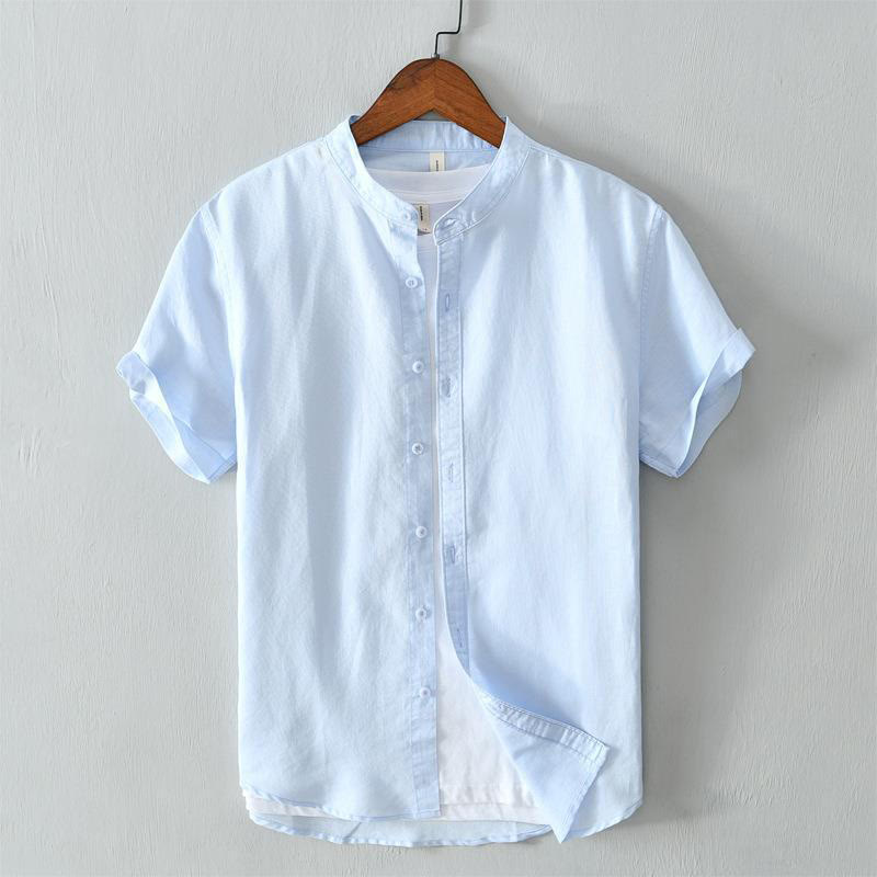Chemise homme en coton et lin à manches courtes et boutons style simple Buddha Stones - Bleu ciel clair - US/UK/AU44，EU54 (4XL) - image 10
