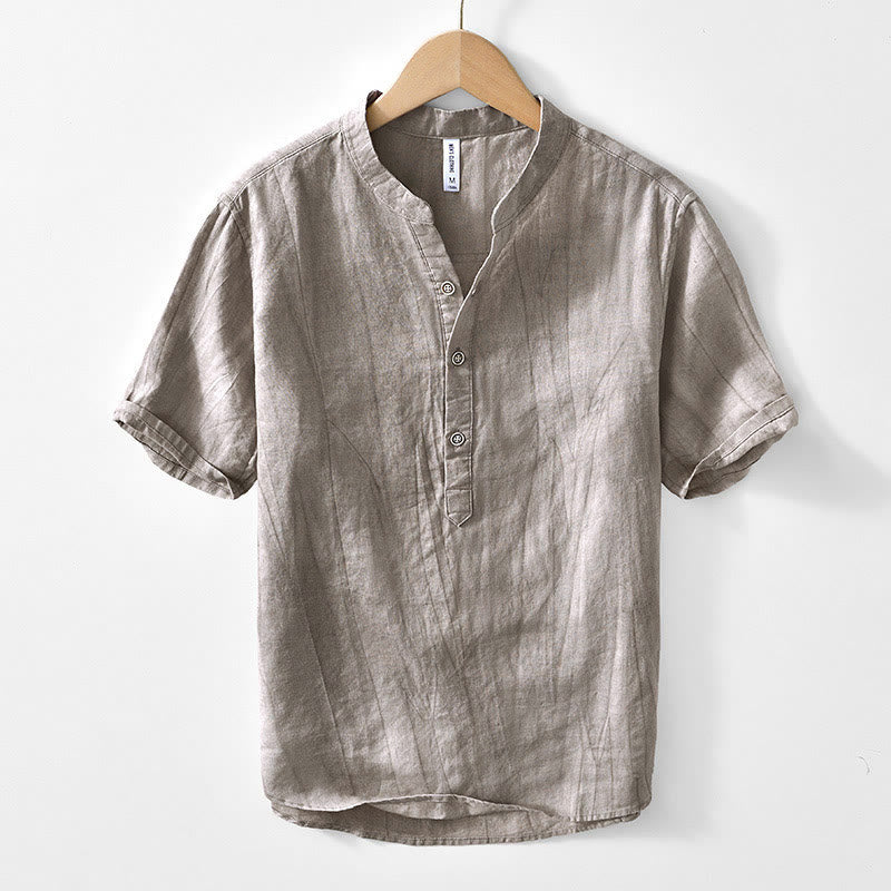 Chemise homme en coton ramie à manches courtes et col en V Buddha Stones - Kaki foncé - US/UK/AU44，EU54 (4XL) - image 7