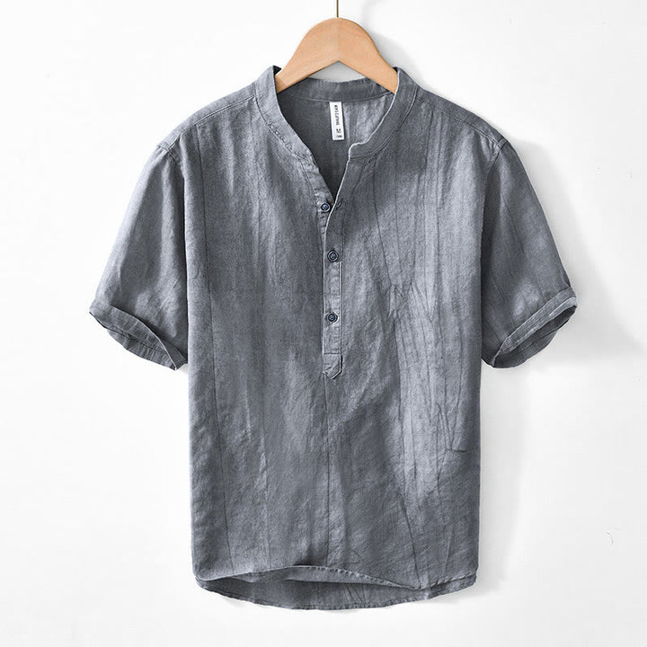 Chemise homme en coton ramie à manches courtes et col en V Buddha Stones - Gris terne - US/UK/AU44，EU54 (4XL) - image 0