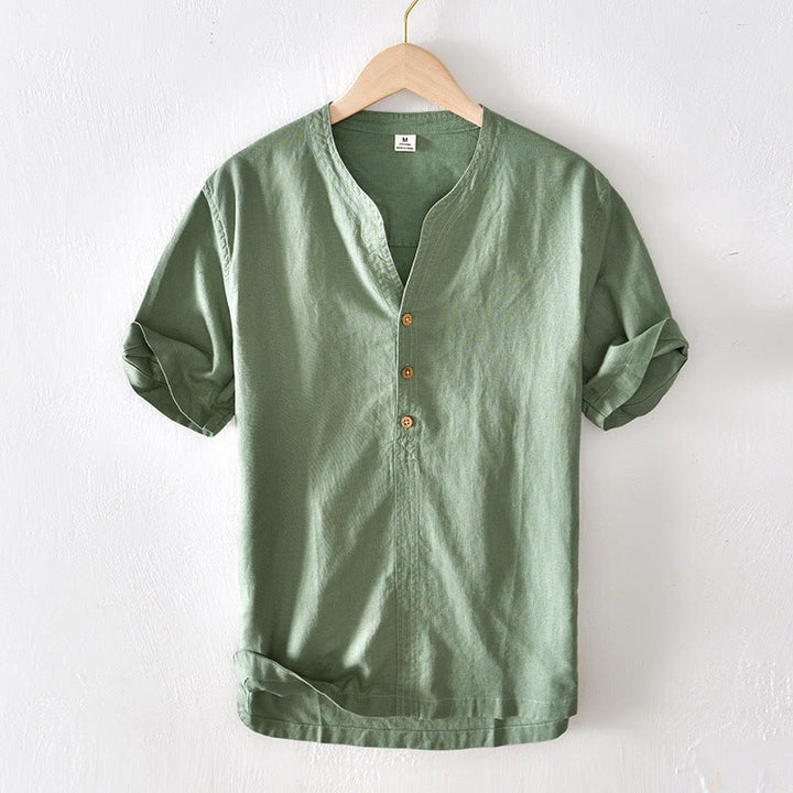 Chemise d'été à col montant et manches courtes en coton et lin pour homme, demi-boutonnage, motif Buddha Stones