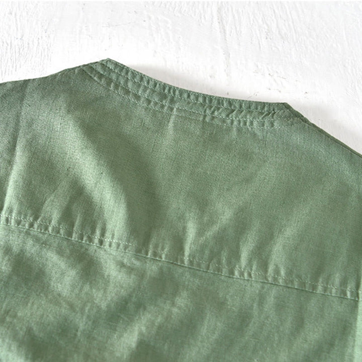 Chemise d'été à col montant et manches courtes en coton et lin pour homme, demi-boutonnage, motif Buddha Stones