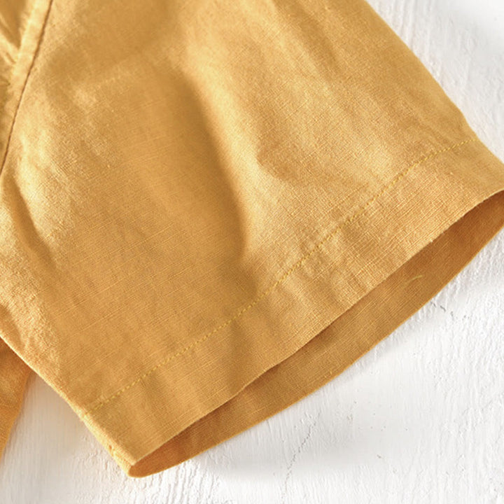 Chemise d'été à col montant et manches courtes en coton et lin pour homme, demi-boutonnage, motif Buddha Stones