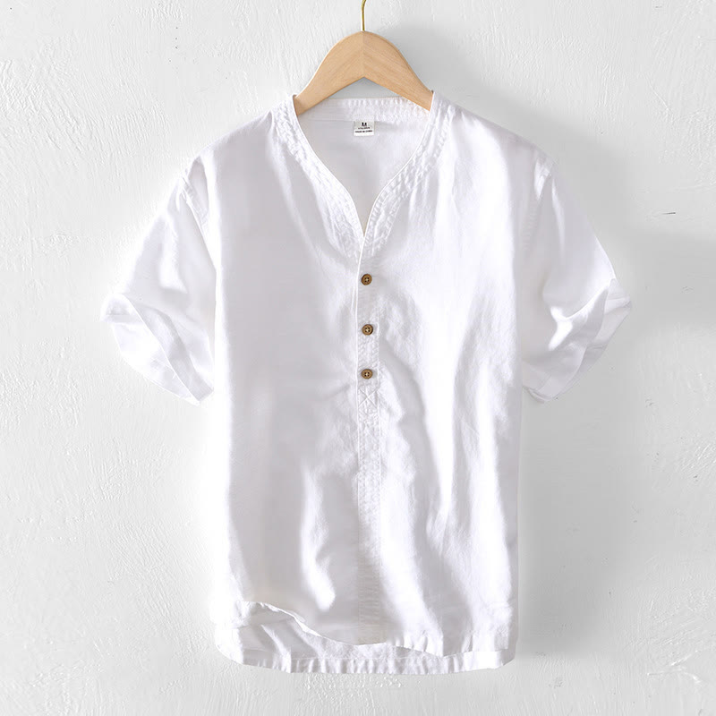Chemise d'été à col montant et manches courtes en coton et lin pour homme, demi-boutonnage, motif Buddha Stones