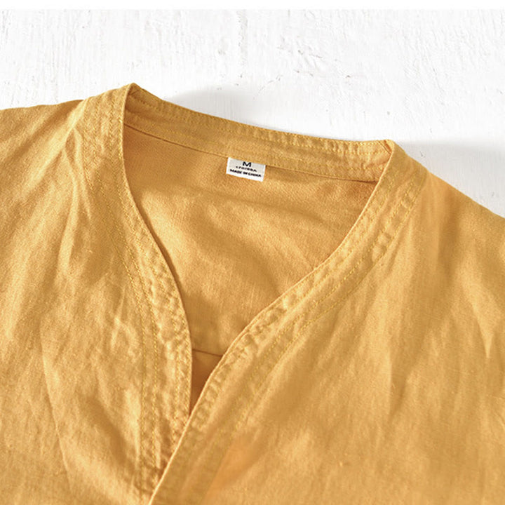Chemise d'été à col montant et manches courtes en coton et lin pour homme, demi-boutonnage, motif Buddha Stones