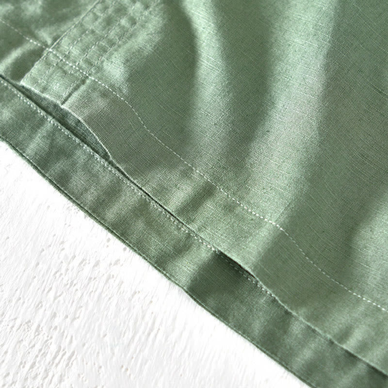 Chemise d'été à col montant et manches courtes en coton et lin pour homme, demi-boutonnage, motif Buddha Stones