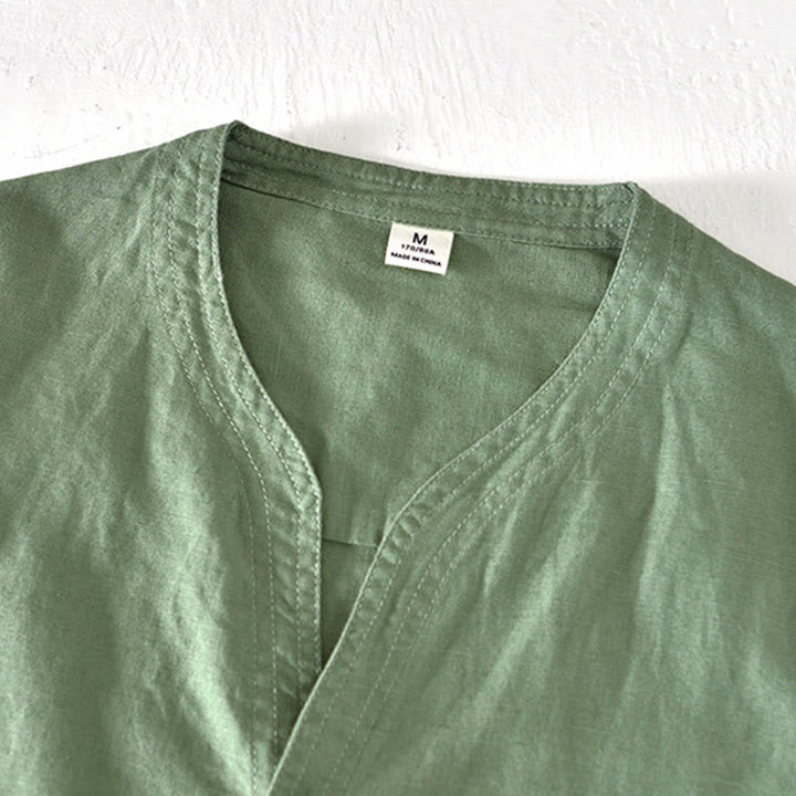 Chemise d'été à col montant et manches courtes en coton et lin pour homme, demi-boutonnage, motif Buddha Stones