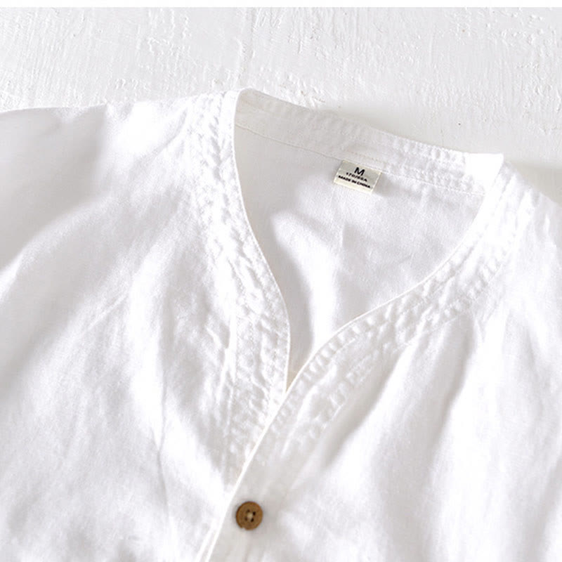 Chemise d'été à col montant et manches courtes en coton et lin pour homme, demi-boutonnage, motif Buddha Stones