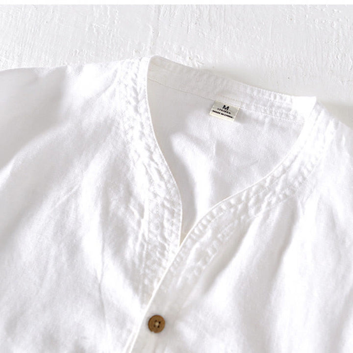 Chemise d'été à col montant et manches courtes en coton et lin pour homme, demi-boutonnage, motif Buddha Stones