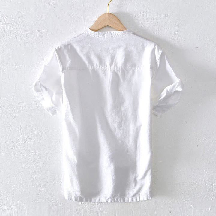 Chemise d'été à col montant et manches courtes en coton et lin pour homme, demi-boutonnage, motif Buddha Stones