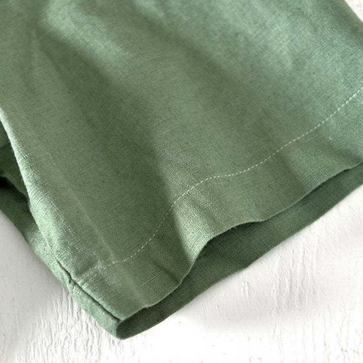 Chemise d'été à col montant et manches courtes en coton et lin pour homme, demi-boutonnage, motif Buddha Stones