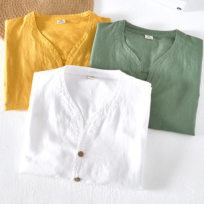 Chemise homme d'été à col montant, manches courtes, en coton et lin, à demi-boutons, Buddha Stones - image 19