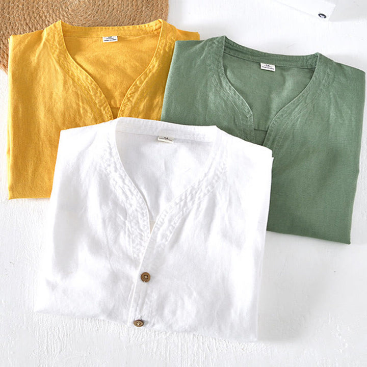 Chemise d'été à col montant et manches courtes en coton et lin pour homme, demi-boutonnage, motif Buddha Stones